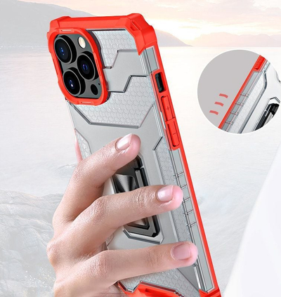 Maskë mbrojtëse Hurtel Crystal Ring Case për iPhone 13 Pro, hibride me unazë magnetike, transparente e kuqe