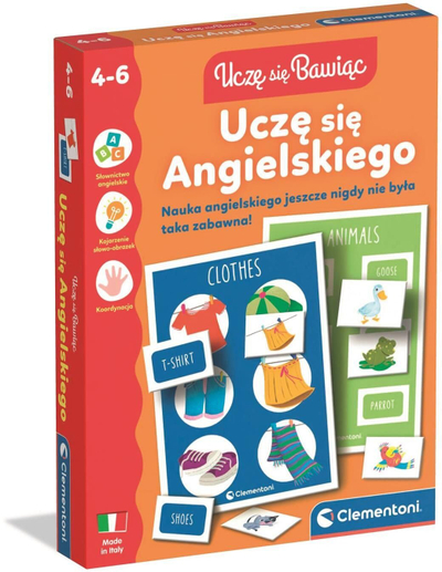 Lojë edukative Clementoni Uczę się Angielskiego, karta fjalori, për kalamaj 4-6 vjeç, portokalli