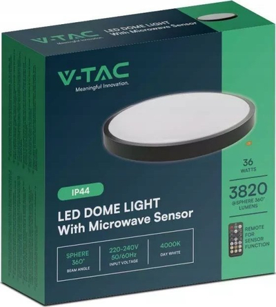 Plafon LED V TAC, 36W, sensor lëvizjeje mikrondalge, me telekomandë, 4000K, IP44, i zi