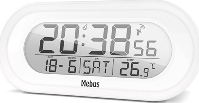 Orë alarmi digjitale Mebus 25808, ekran i kaltër, matje temperature °C, e bardhë