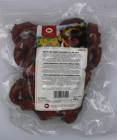 Shpërblim për qen MACED Rings With Duck And Fish, mish pate dhe peshku, 500 g