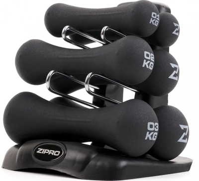 Set hantellash Zipro Neoprene, 12 kg, me qëndrim, ngjyrë e zezë