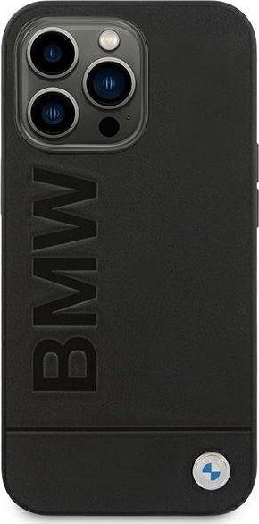Mbrojtëse telefoni BMW iPhone 14 Pro Hot Stamp Metal Logo, lëkurë, Qi, e zezë