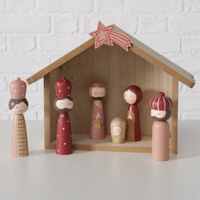 Stallë dekorative druri Wooden Nativity Scene, 25 x 10 x 20 cm, stil minimalist, ngjyrë natyrale