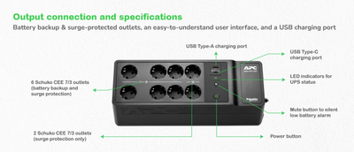 UPS interaktiv APC Back UPS BE1050G2 GR, 600 W, 8 prize Schuko, i zi