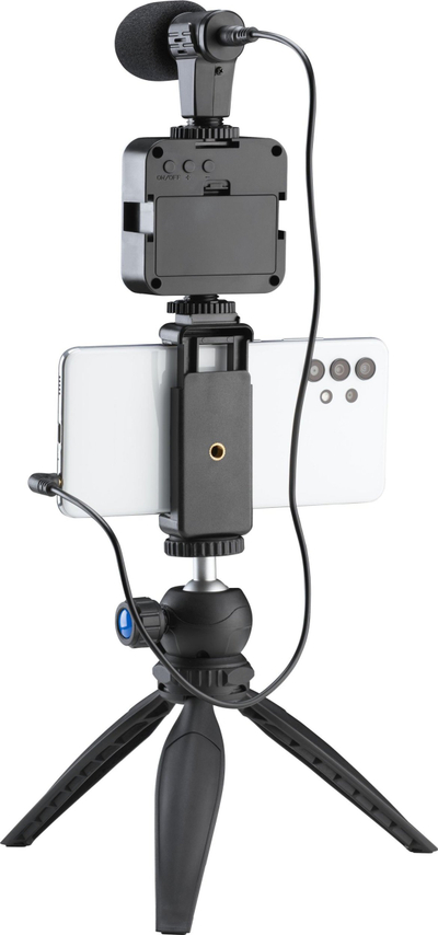 Set vloggingu Cellularline Tripod C Micro, mikrofon i jashtëm, dritë LED, i zi