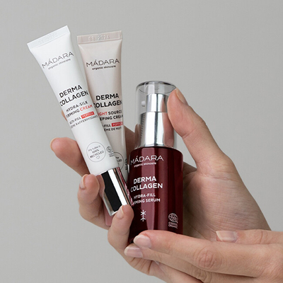 Set për lëkurë MÁDARA Collagen Bloom Firming, serum forcues për lëkurë 30 ml + krem forcues për lëkurë 15 ml + krem nate rigjenerues për lëkurë 15 ml