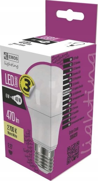 Llambë LED EMOS Classic A60, 6W 470lm, E27 2700K, e bardhë e ngrohtë