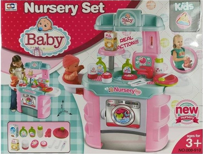 Set loje kujdesi për bebe LeanToys Baby Care, tavolinë me lavatriçe, aksesorë kozmetike, rozë e gjelbër
