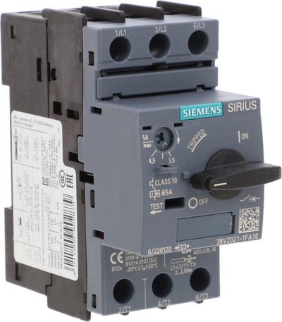 Ndërprerës motorik Siemens 3RV2021-1FA10, 3.5–5A, tripol