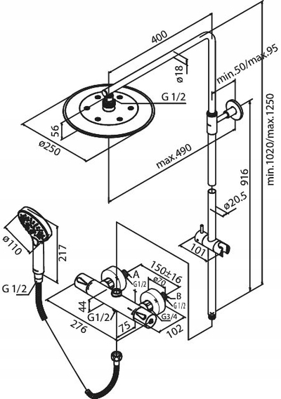 Set dushi Damixa Silhouet Thermostat, me termostat, me diverter të integruar, i zi mat