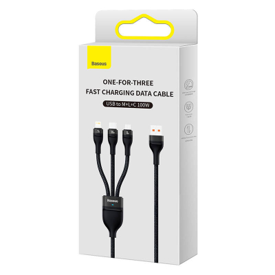 Kabëll karikues 3 në 1 Baseus Flash Series II, 1.2 m, 100W, i zi