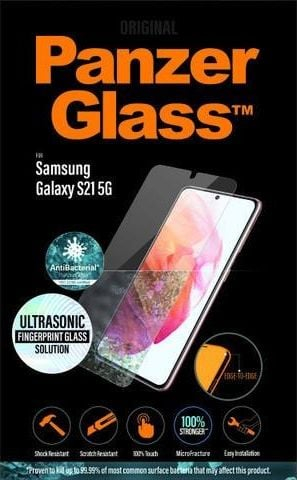 Mbrotës ekrani PanzerGlass për Samsung Galaxy S21 5G, xham i fortë antibakterial, i zi