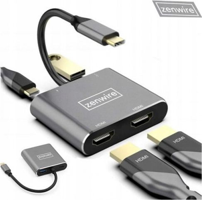 Adapter hub USB C ZENWIRE 4in1, 2x HDMI 4K, USB 3.0, Power Delivery, gri space