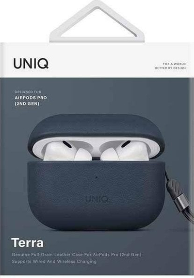 Kopertinë Uniq Terra për Apple AirPods Pro 2, lëkurë natyrale, blu space blue