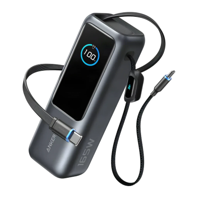 Anker Power Bank 25000mAh, 165W, me dy kabllo USB-C të integruara, Space Black