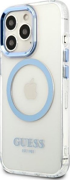 Mbështjellës telefoni Guess GUHMP13LHTRMB, për iPhone 13 6.1" dhe 13 Pro, MagSafe, blu e tejdukshme