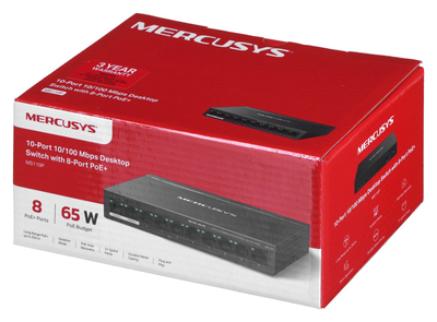 Switch rrjeti Mercusys MS110P, 10 porta 100Mbps, 8 porta PoE+, metalik