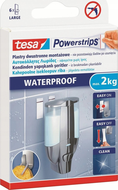 Shirita ngjitës tesa 59700 Powerstrips Waterproof Large, paketim 6 copë, rezistent ndaj ujit, të bardhë