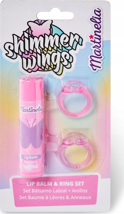 Set kozmetik për kalamaj Martinelia Shimmer Wings, balsam buzësh me aromë mjedre 8ml, 2 unaza, rozë