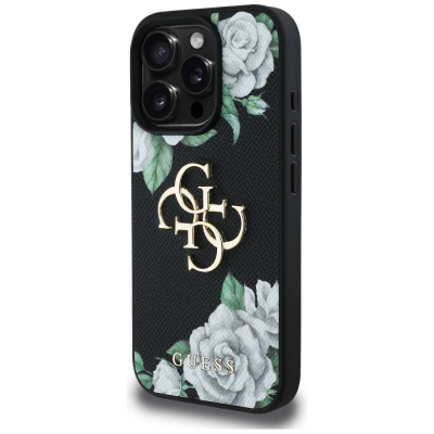 Kuti telefoni Guess Grained Roses Big 4G Logo për iPhone 16 Pro, me lule, e zezë