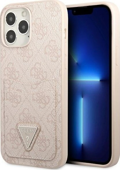 Kllëf telefoni Guess 4G Triangle Logo për iPhone 13 Pro / 13 6.1", me xhepa për karta, rozë