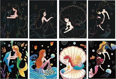 Karton vizatimi me gërvishtje Yuelu Mermaid, 21x29.5cm, motive sirenash, shumëngjyrësh