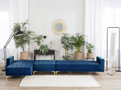 Divan këndor kadife ABERDEEN, modular, krevati dopio, blu navy