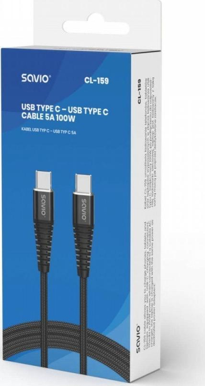 Kabllo USB Savio USB A në USB C, 1m, 100W, e zezë