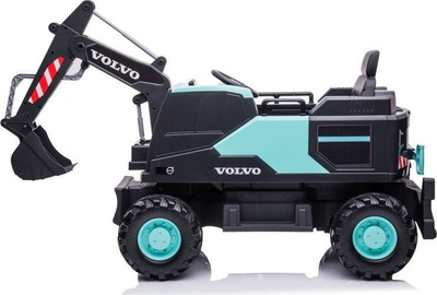 Eskavator elektrik për kalamaj Volvo, me goma të mëdhaja, me krah gërmimi që punon, i zi me jeshile