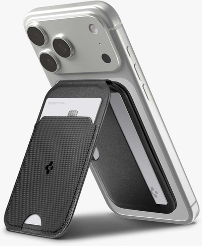 Portofol magnetik Spigen Slim Fold MagFit, për MagSafe, mbajtës kartelash, tripod stand, i zi