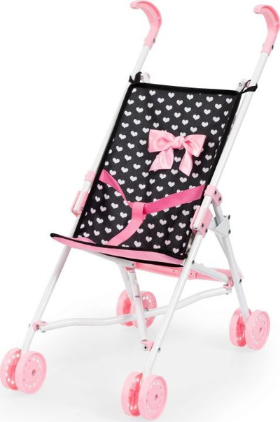 Karrocë për kukulla Buggy Umbrella, palosëse, për kukulla deri 46 cm, e zezë me zemra rozë