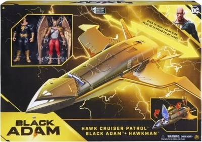 Set lodrash DC Comics Black Adam Hawk Cruiser Patrol, me 2 figura 10 cm, anije luftarake 40 cm, shumëngjyrëshe
