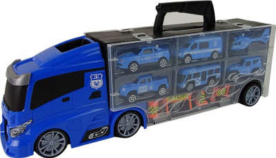 Set lodrash kamion policie Leantoys, transportues me 12 makina, plastike, blu
