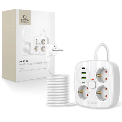 Продолжен приклучок Tech-Protect PCS3X4, 3 излези, 2xUSB-A 2xUSB-C, кабел 2m, бела