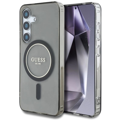 Futrollë telefoni Guess GUHMS25SHFGEREK për Samsung S25, me magnet, e tejdukshme, me glitter të zi