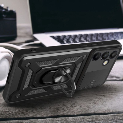 Futrollë telefoni Hurtel Hybrid Armor Camshield për Samsung Galaxy A56, me stand, me kapak kamere, e zezë