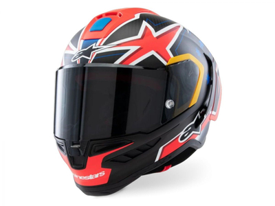 Helmeta moto Alpinestars Supertech R10 Miller Limited Edition, karboni, rrugë dhe pistë, e zezë me të kuqe fluor dhe blu mat