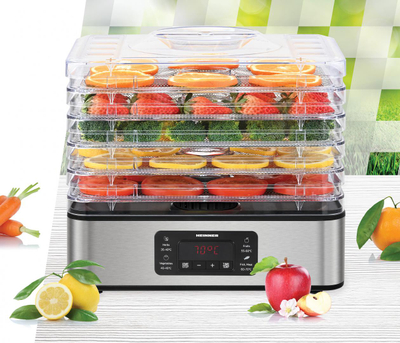 Dehidrator për fruta dhe perime Heinner Drymaster Pro, 320-380W, 5 tepsi inox, argjendtë transparent