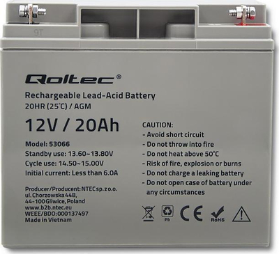 Bateri AGM Qoltec HQ 53066, 12V, 20Ah, e zezë