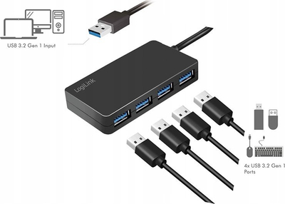 USB раздвојувач LogiLink USB 3.2 Gen1, 4 порти, црн
