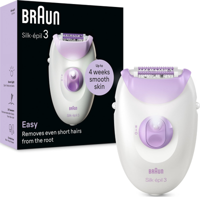 Епилатор Braun Silk-épil 3 3-000, со кабел, 2 брзини, бело-виолетов