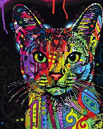 Set pikturimi me numra Norimpex Cat Color Patterns, kanavacë 50x40cm, mace shumëngjyrëshe, sfond i zi
