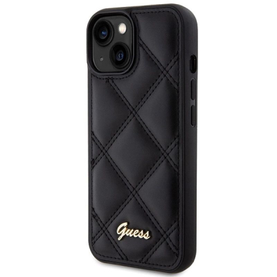 Maskë telefoni Guess Quilted Metal Logo për iPhone 15, lëkurë ekologjike, e zezë