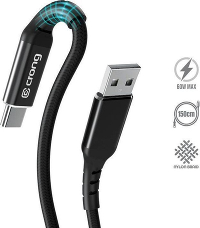 Kabllo USB Crong Armor Link, USB A në USB C, 1.5m, 60W, e zezë