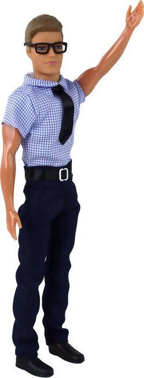 Kukull Kevin Leantoys, me syze, me këmishë kaltërosh, me pantallona blu të errëta