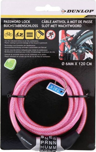 Bravë biçiklete Dunlop, kabllo 120cm, me kombinim shkronjash, rozë