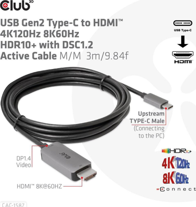 Kabllo USB-C në HDMI Club 3D CAC-1587, 3 m, 8K, gri