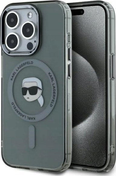 Futrollë Karl Lagerfeld IML Karl Head Metal Frame MagSafe për iPhone 15 Pro Max, plastike, e zezë