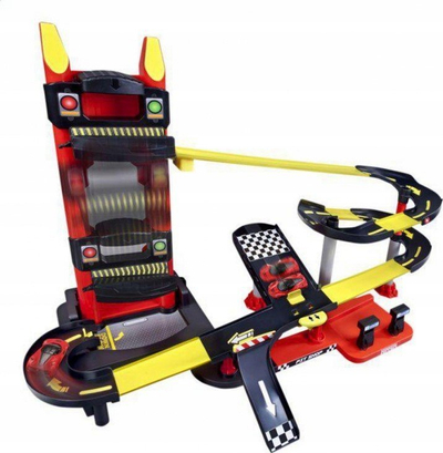 Set loje pistë garash BBurago Ferrari Evolution Elevator, me ashensor me motor, me 1 makinë die cast, kuqe e zezë